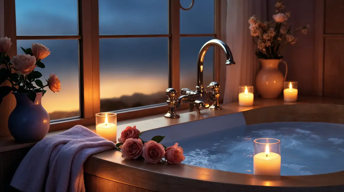 Romantic Bathtub Retreat with Candles and Roses