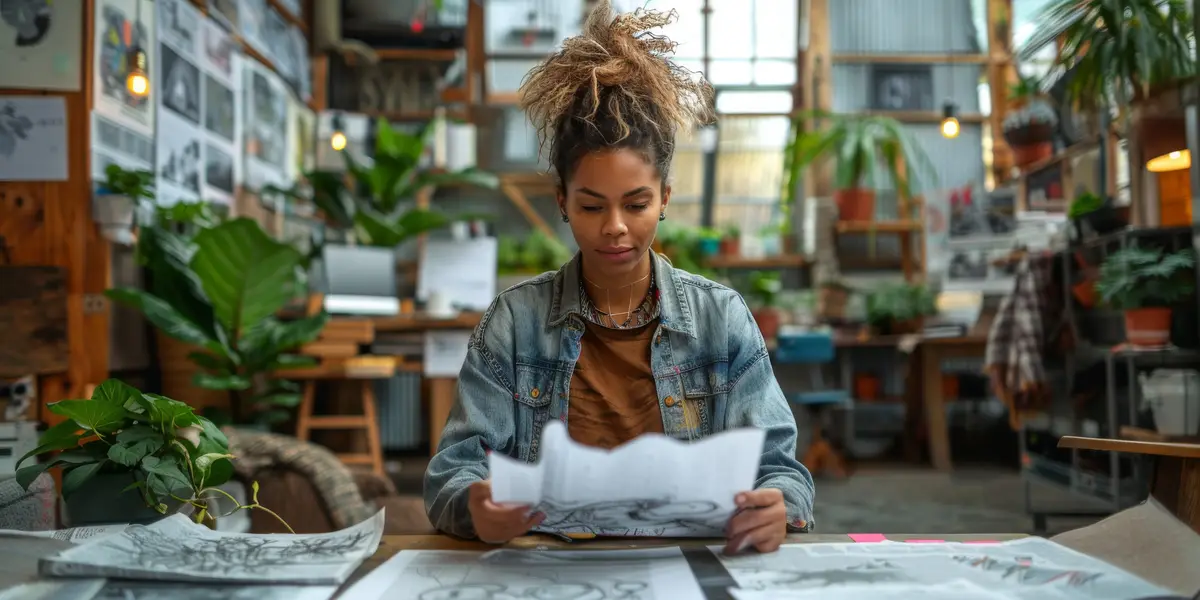A woman is sitting at a table reading a piece of paper with a plant nearby