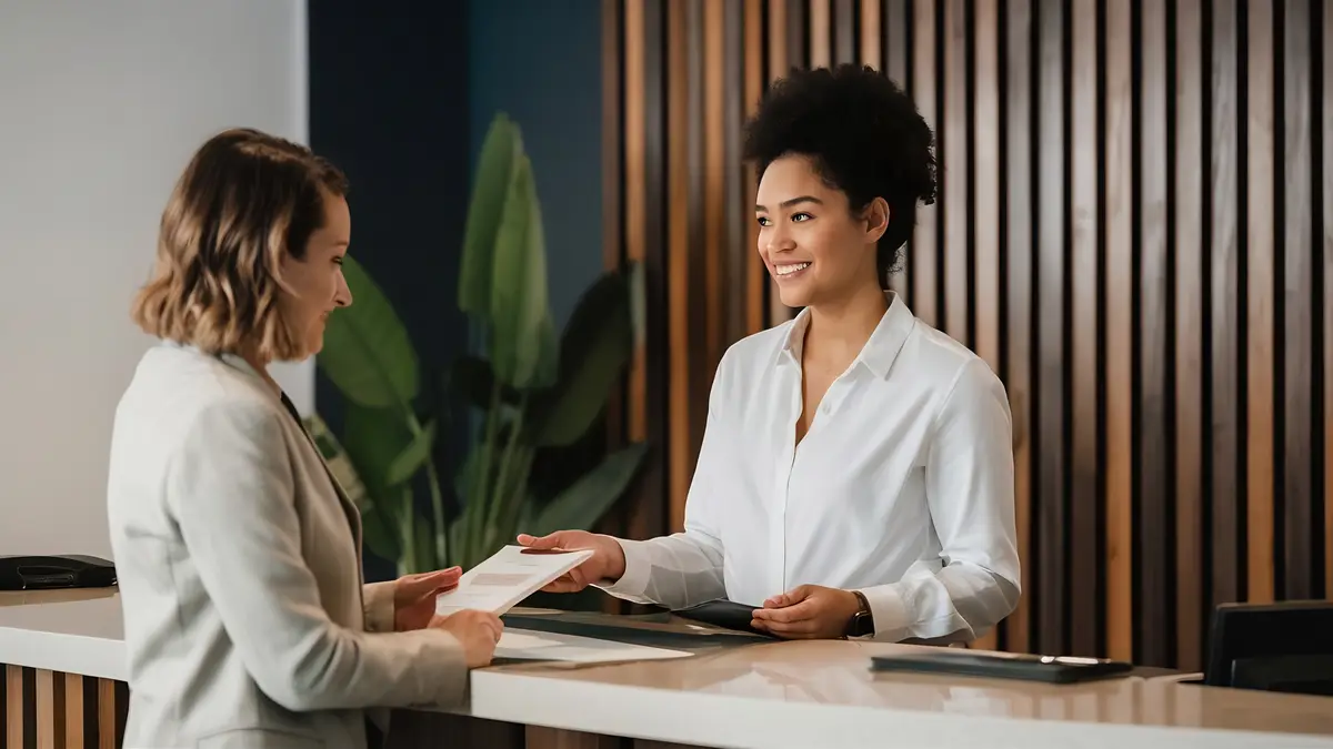 Woman checking in at hotel reception