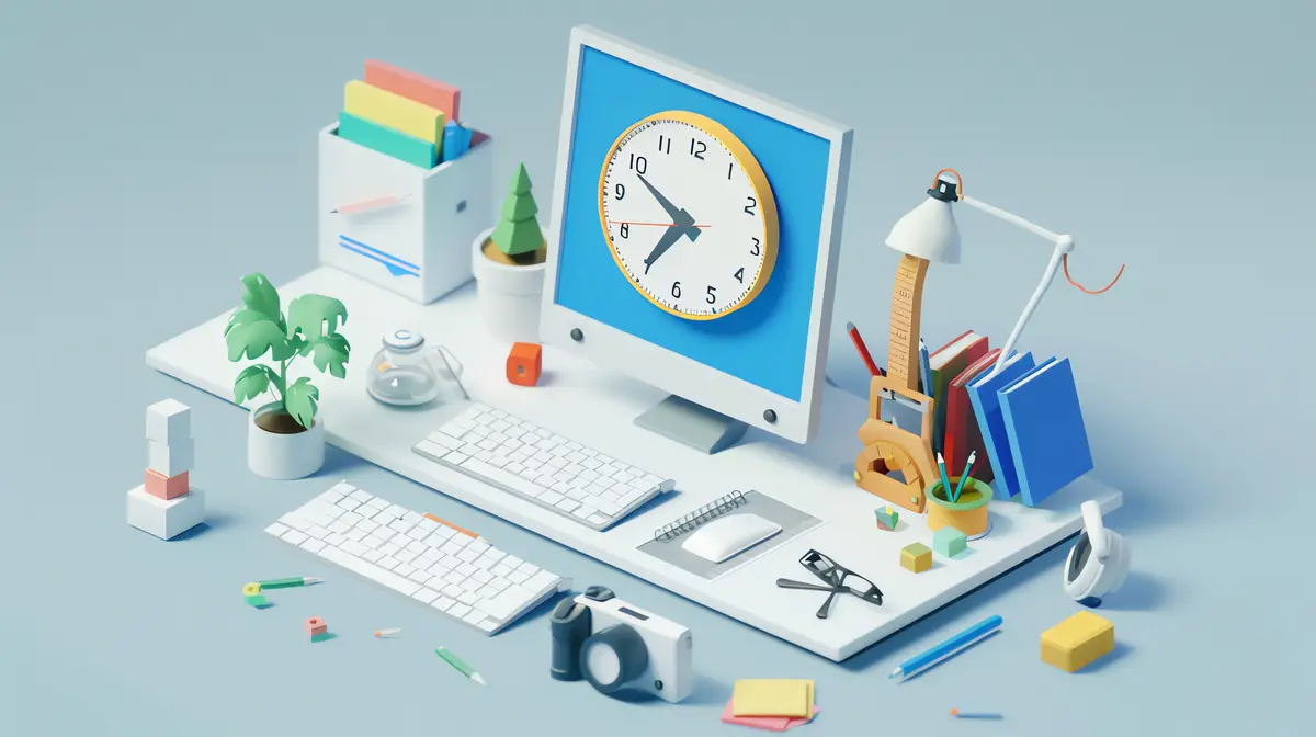 A stylized 3D illustration of a desktop workstation with a computer keyboard mouse and other office supplies