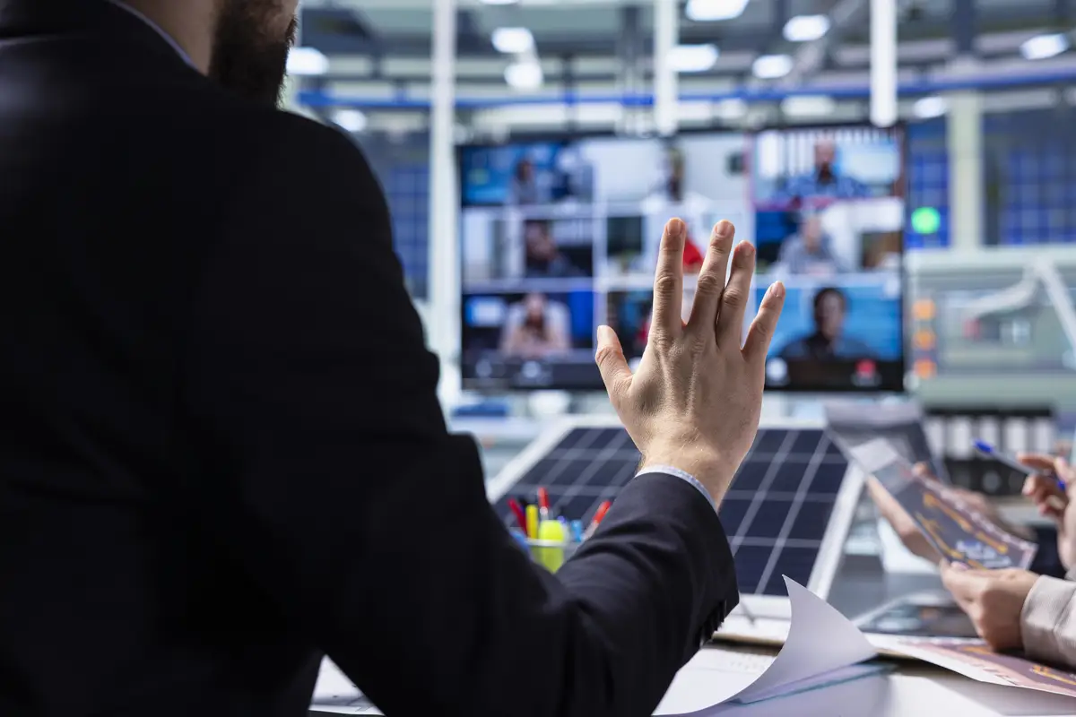 Solar panels factory shareholders doing planning during online videocall