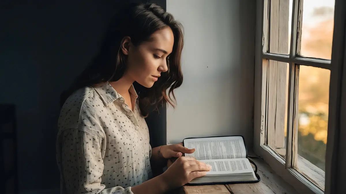 A young woman pointing out the verses of the scriptures that are true to life
