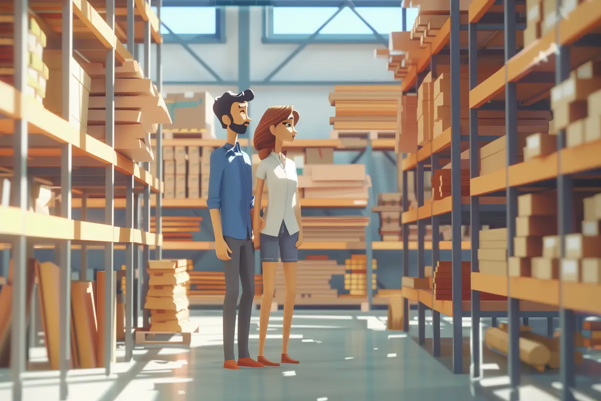 Couple shopping wood in hardware store interior with home improvement retailer warehouse