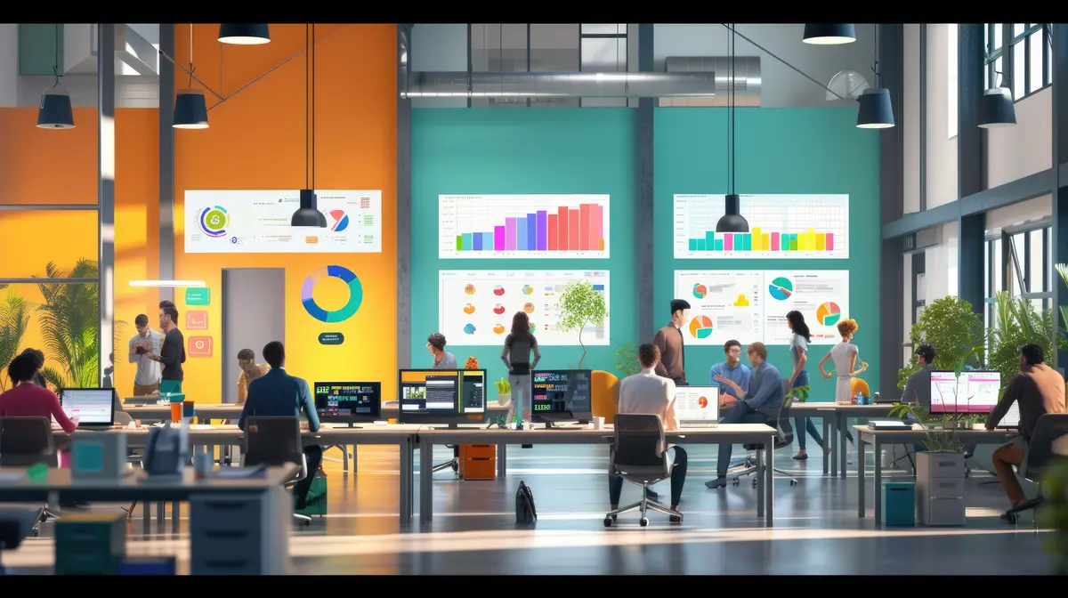 Diverse business people work on laptop while looking at desktop screen aig