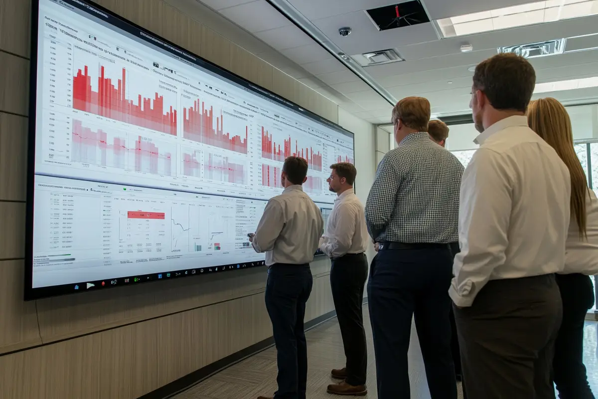 A group of professionals is engaged in analyzing detailed data visualizations displayed on a large