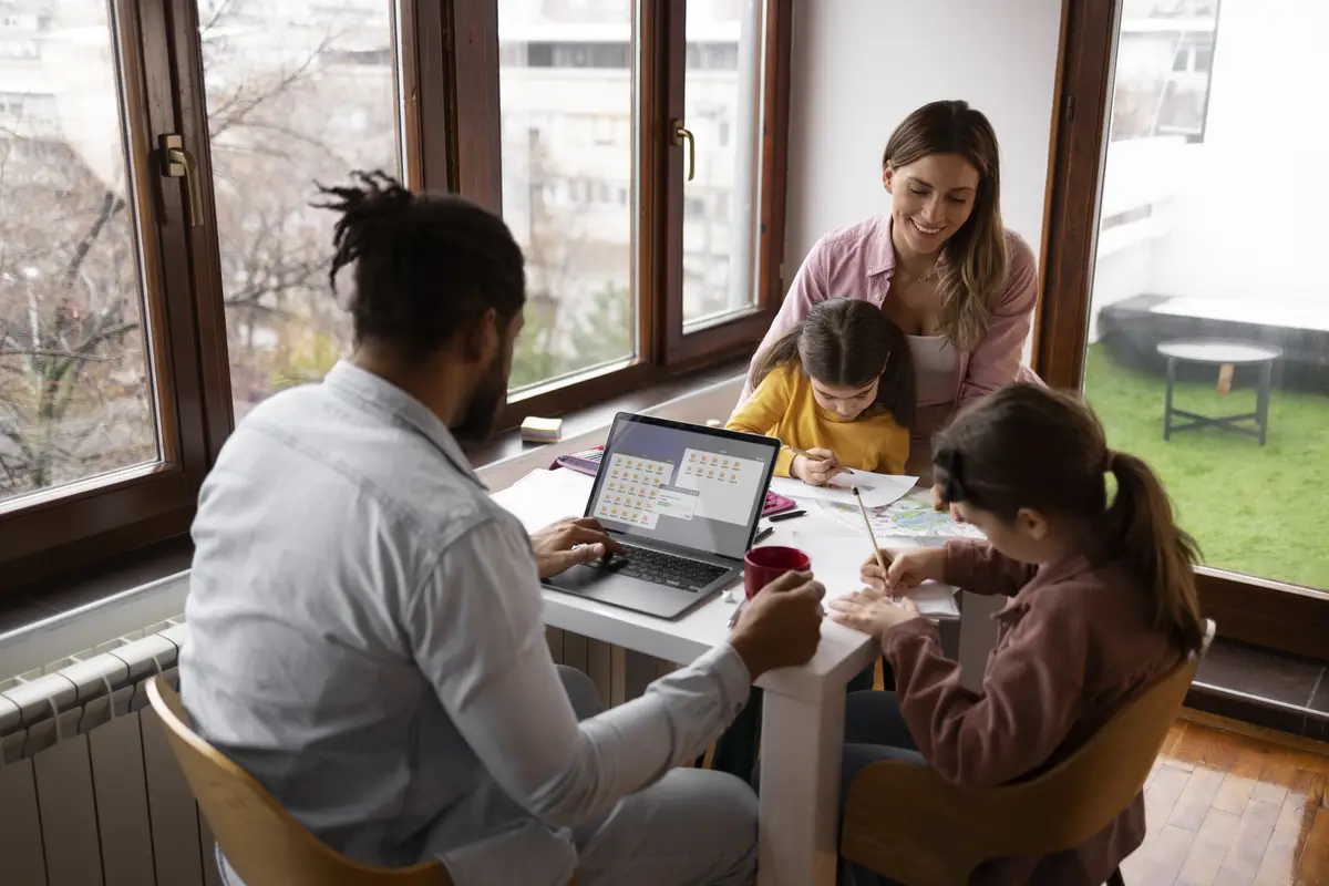 Medium shot family sitting at table