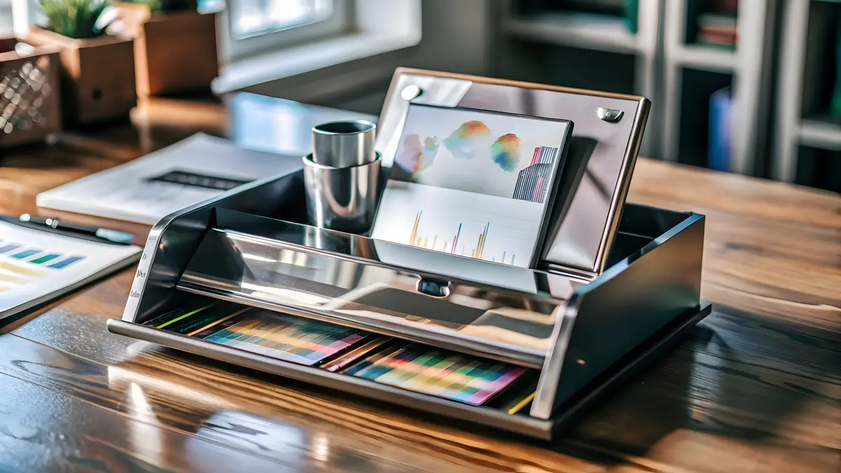 Glossy desk organizer with holographic marketing tools and strategy documents concept as A sleek hig
