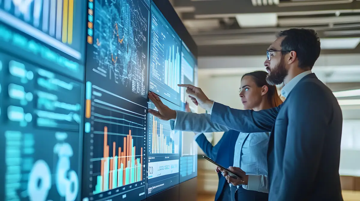 Business professionals analyzing data on a large display screen