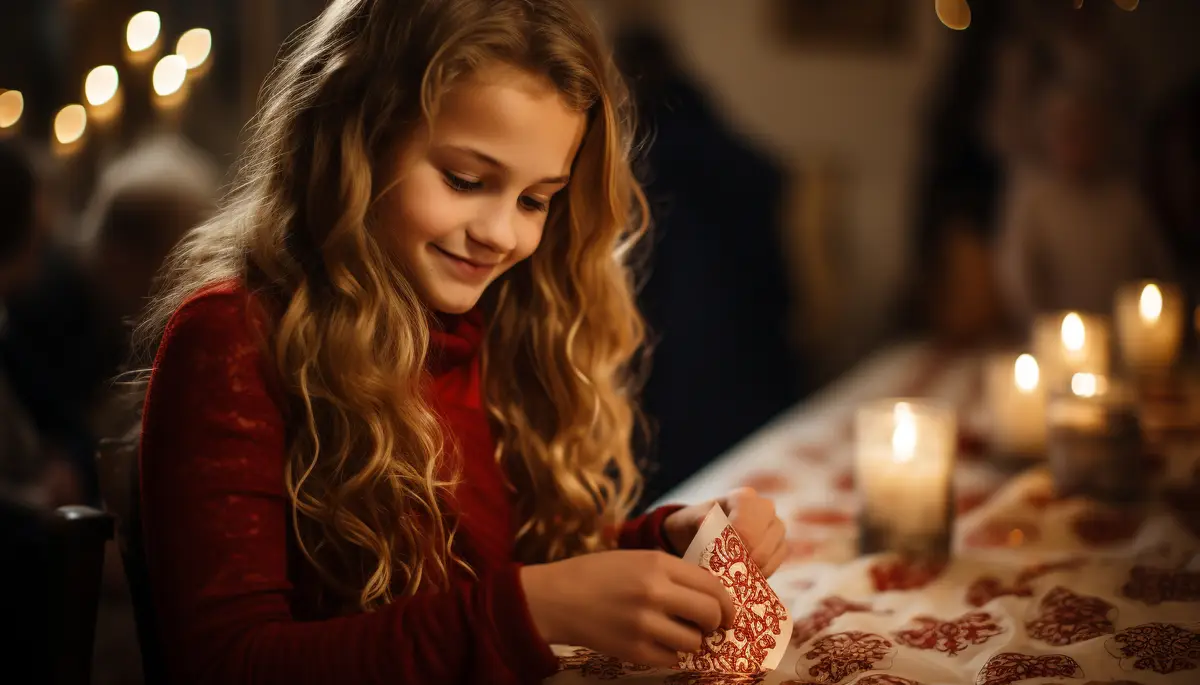 Smiling girl enjoys Christmas lights and family celebration generated by AI