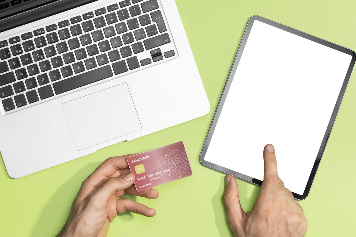 Flat lay of online shopping with copy space