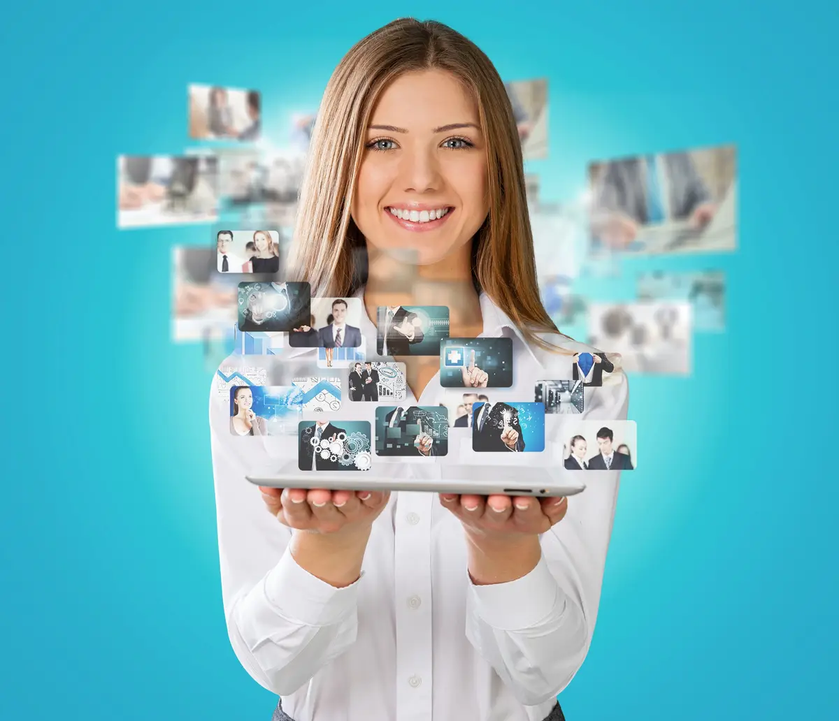Woman holding the tablet with social media icons