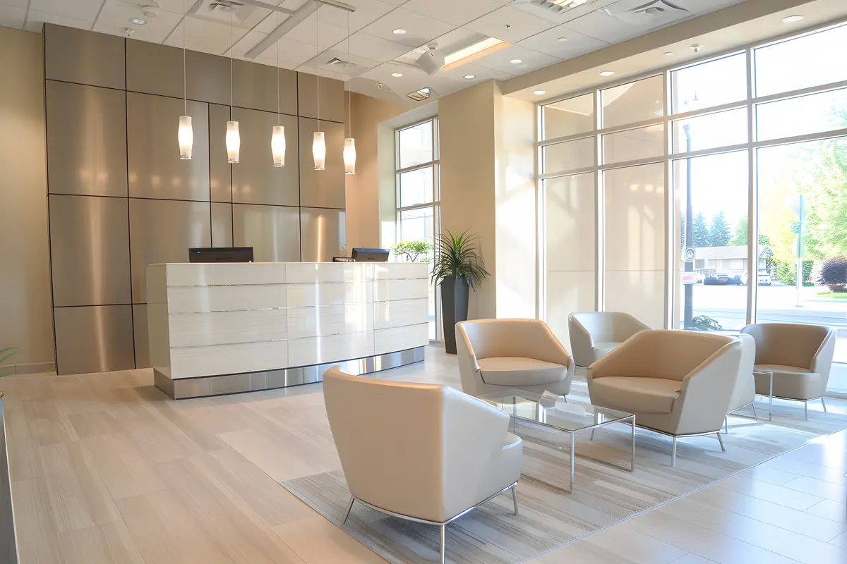 Reception area of a modern office building with sleek design and contemporary furnishings