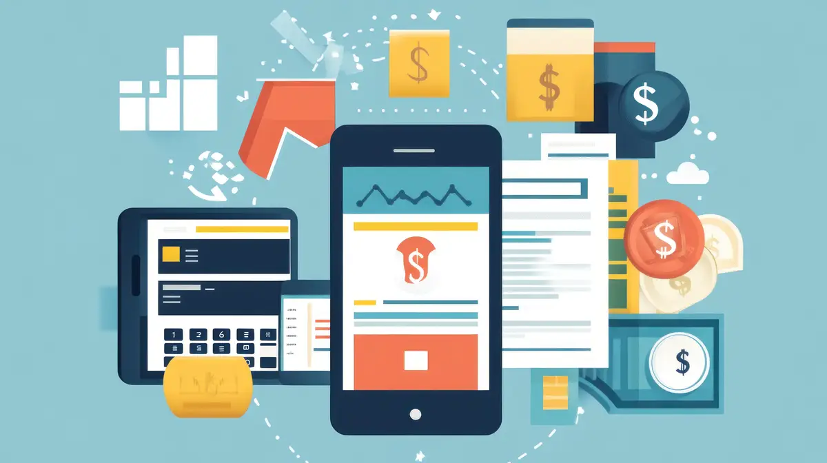 a collection of items including a phone a wallet and a wallet with a dollar sign on it