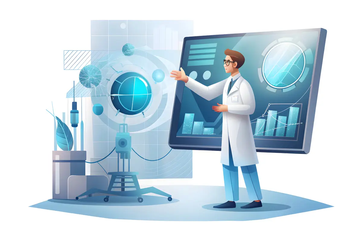 Photo realistic image of nurse using medical tablet in modern hospital setting Focus on nurse revie