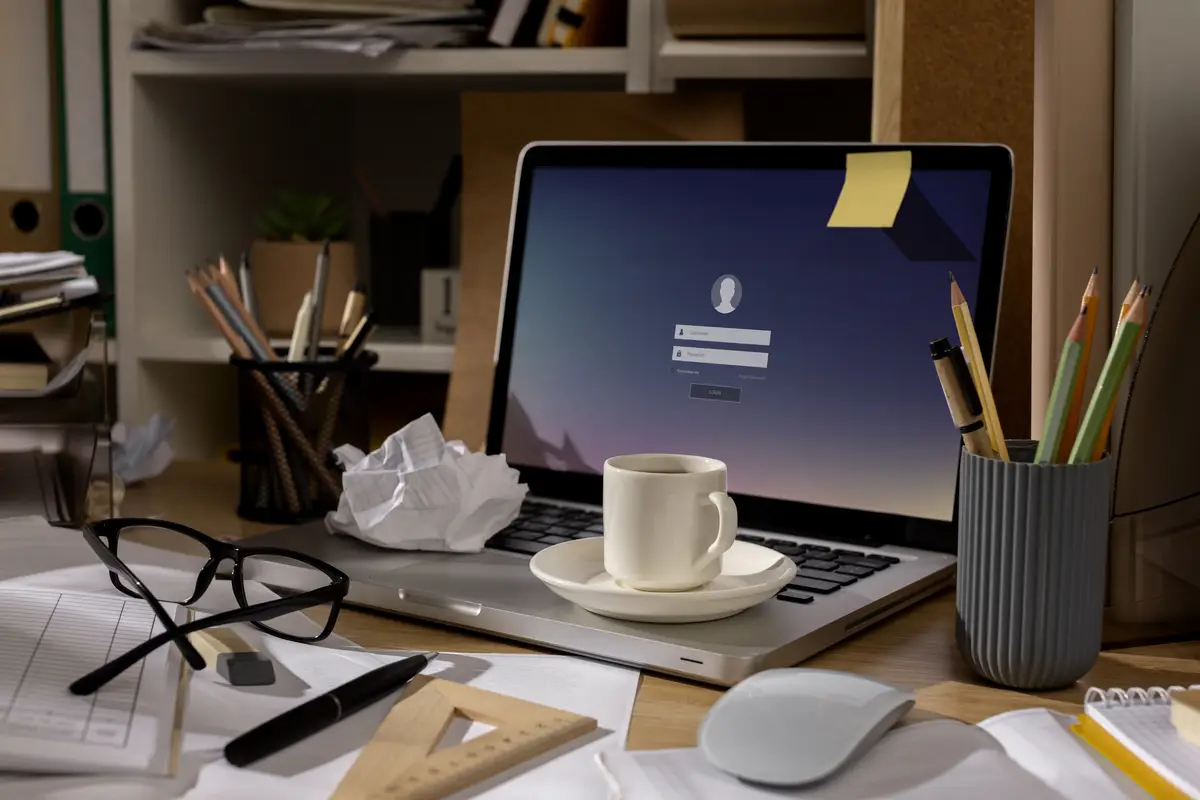 View of office desk with messy workspace and laptop