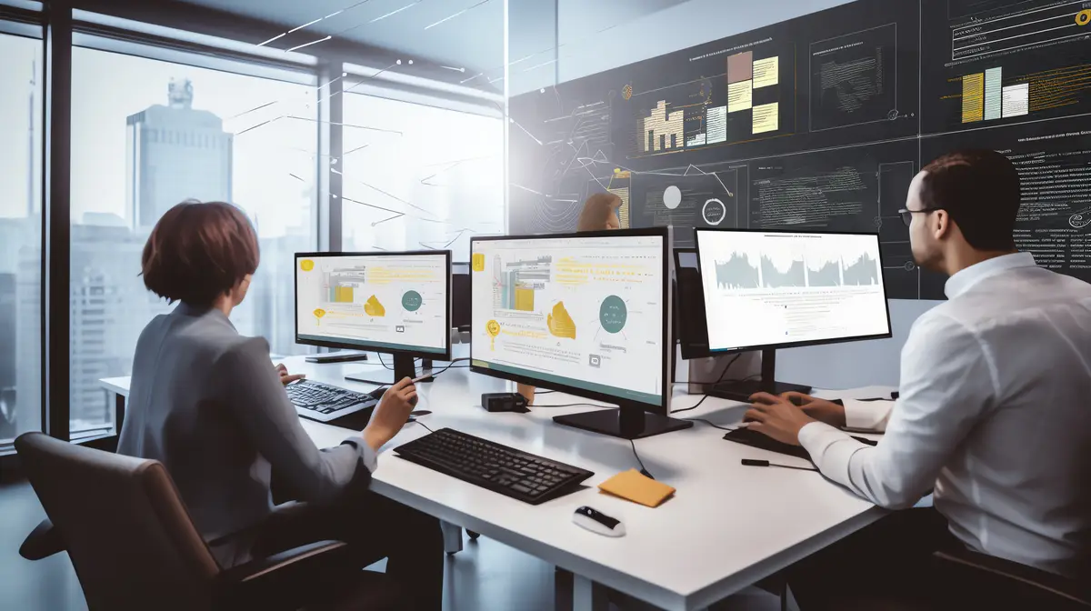 Modern Office Meeting with Professionals Analyzing Data on Laptops