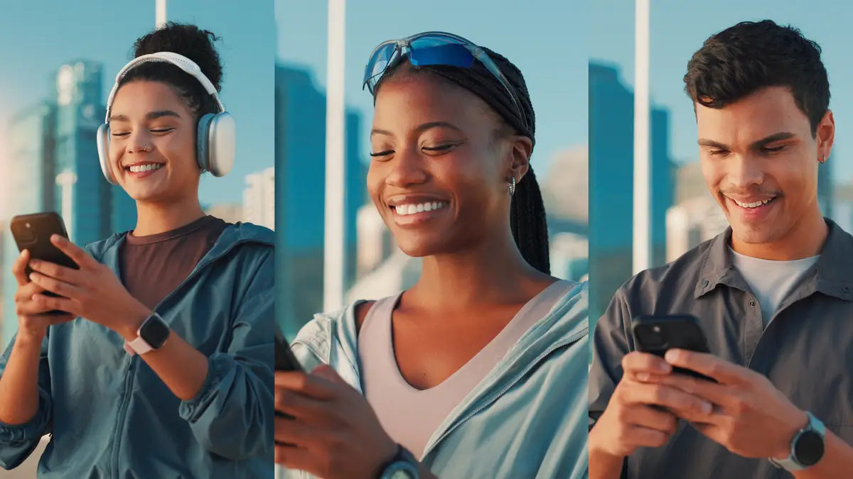 Montage fitness or people with smile smartphone or social media with influencer training or internet Group texting or athlete in city cellphone or collage with digital app or message to contact