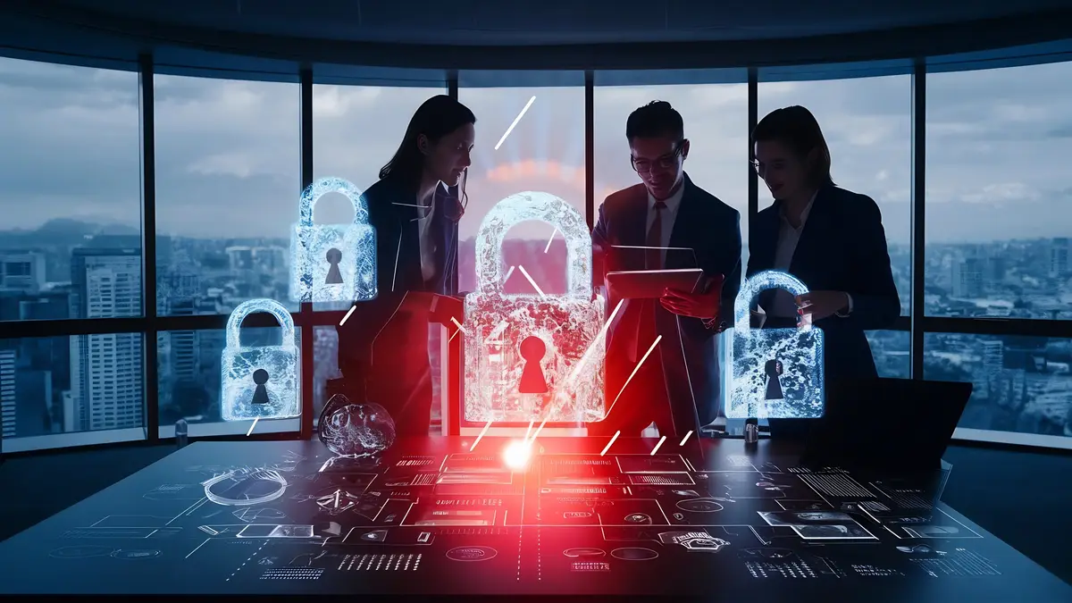 Businessman and businesswoman working together to protect clients confidential information and cybe