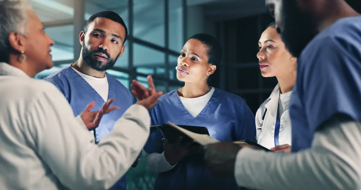 Doctor team management and tablet at night with planning medical healthcare and clinic surgery Hospital team and conversation and planning with research and results information for collaboration