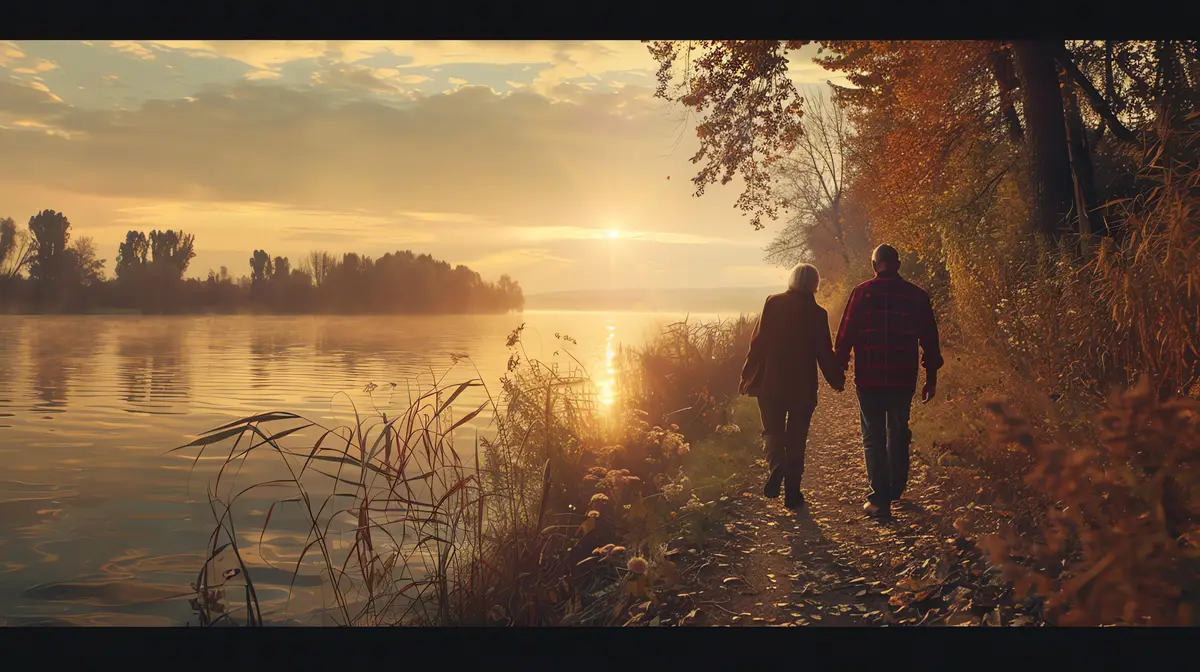 An elderly couple is walking handinhand along a lake at sunset The sun is setting behind them casting a warm glow over the scene