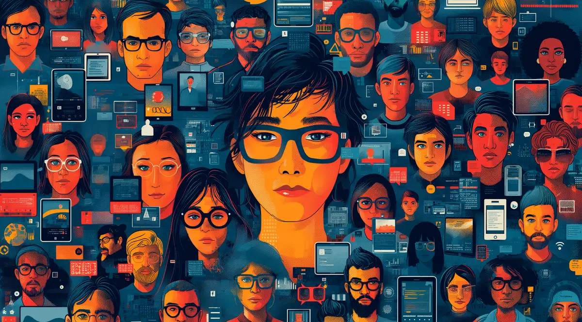 Faces of people with gadgets created with Generative AI technology