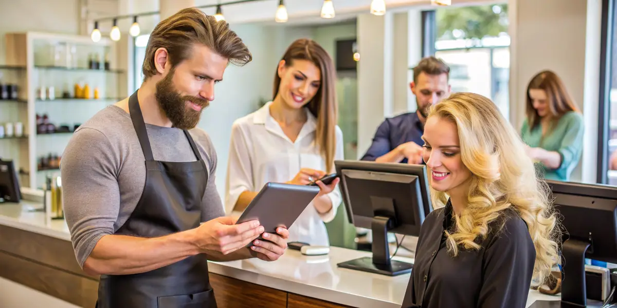 Male and female customers using tablet cash registerPOS cash register beauty salonhair salon
