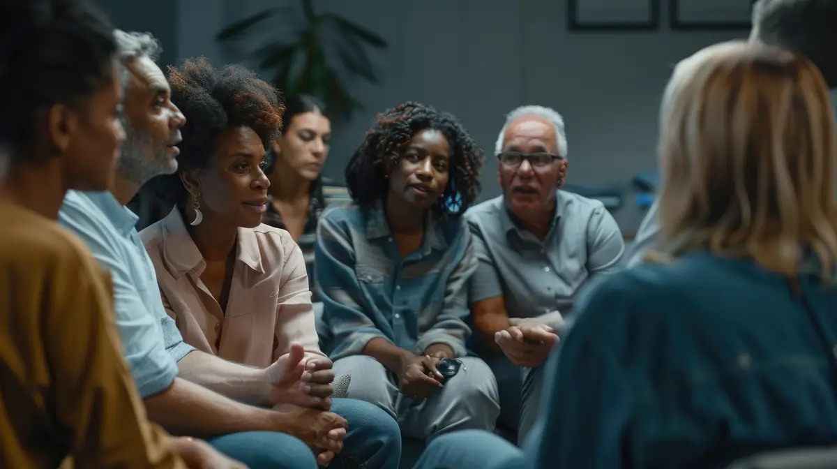 A diverse group meeting is taking place at a modern office with an impressive city view aigm