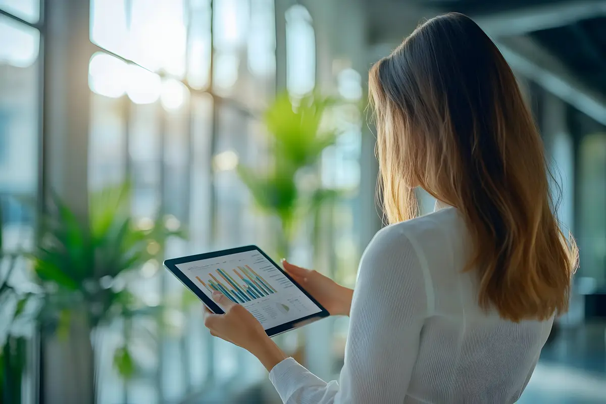 Photo Businesswoman Analyzing Charts Data Tablet Office