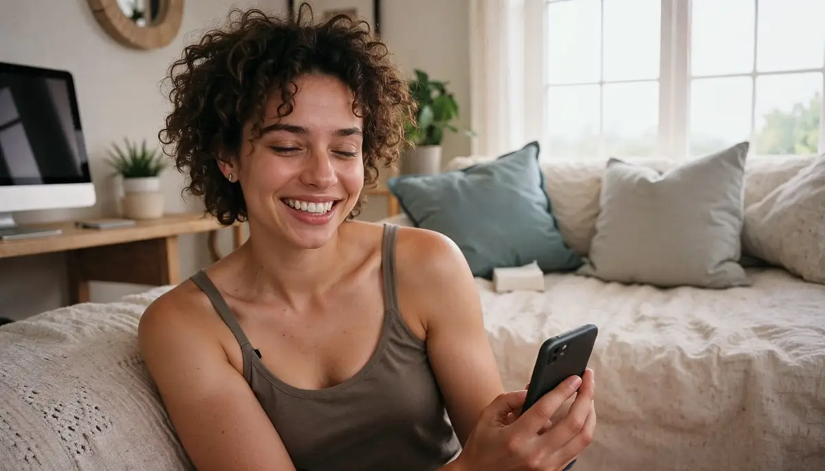 Woman laughing while looking at her smartphone in a bright bedroom