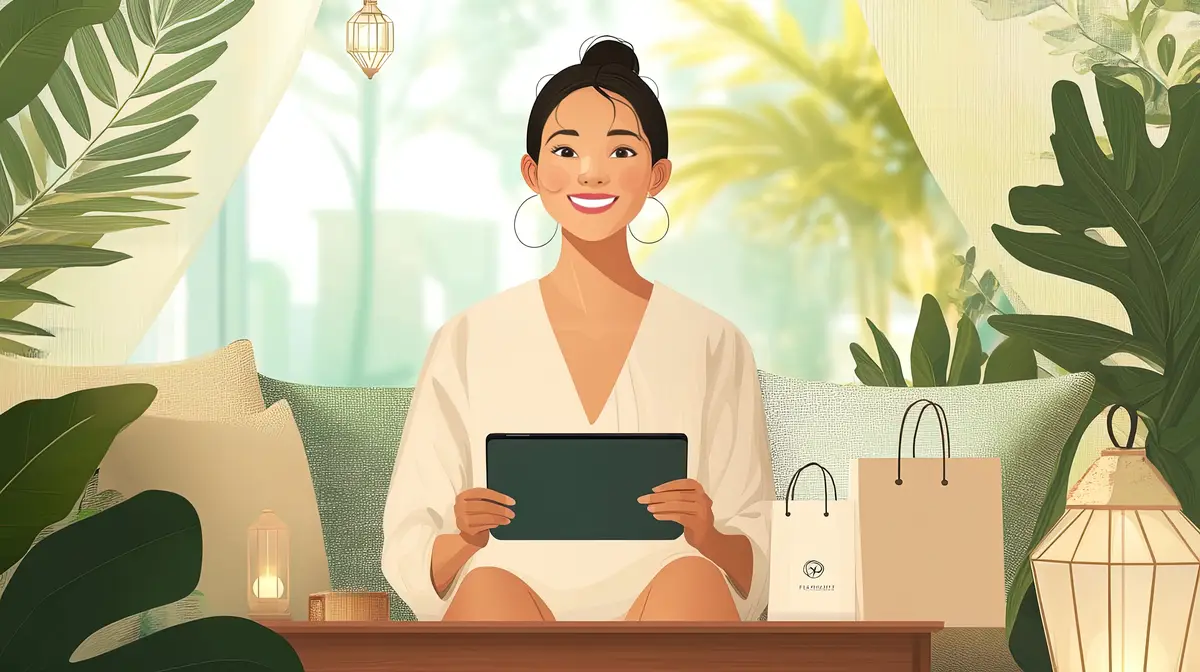 Young woman using tablet for online shopping in tropical resort hotel room