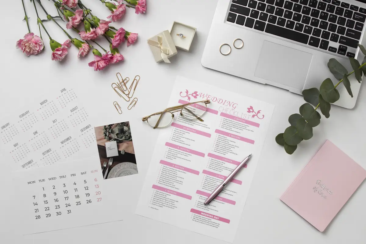 Top view wedding planning resources arrangement