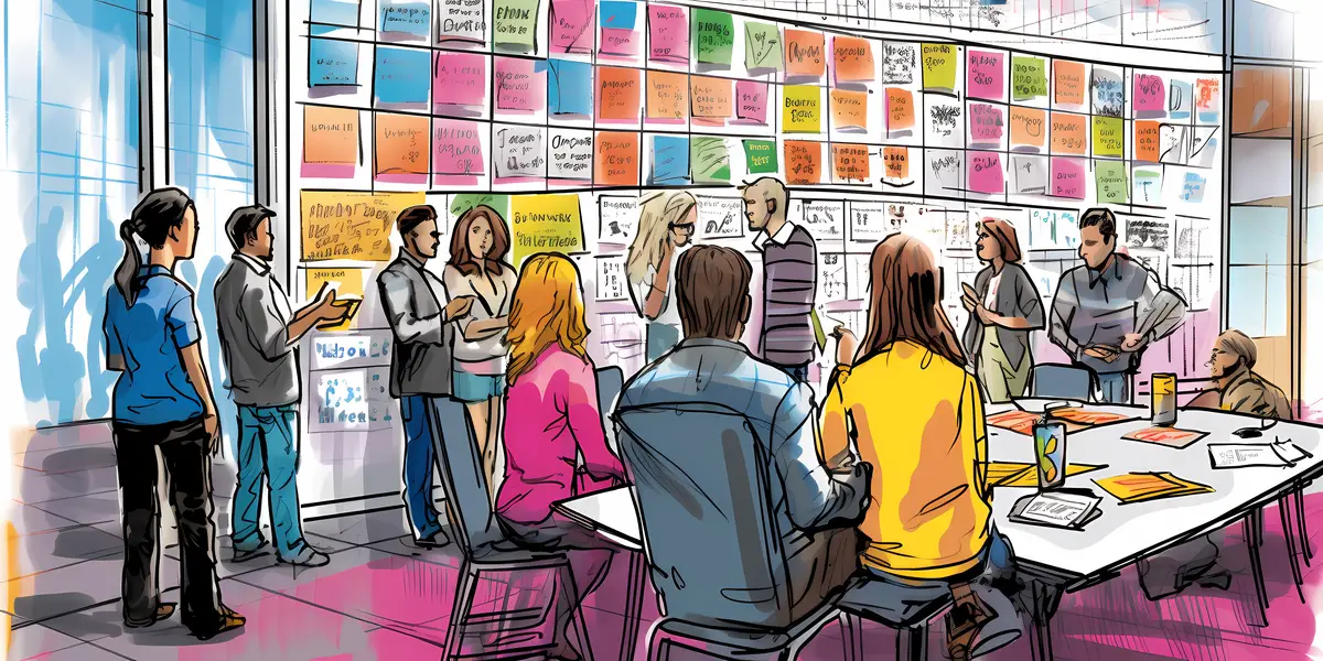 Innovation and Creativity Group brainstorming in front of a giant whiteboard filled with colorful sticky notes and sketches Generative ai