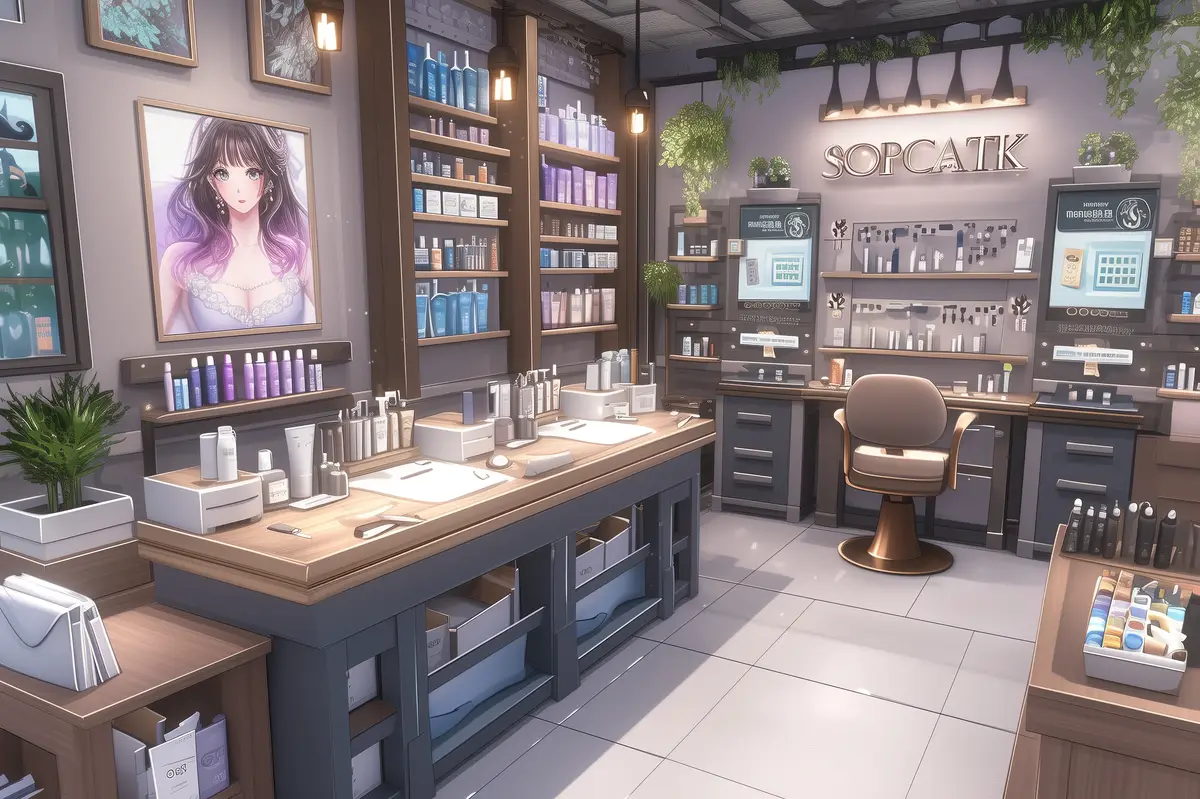 Anime style beauty salon with cosmetology equipment