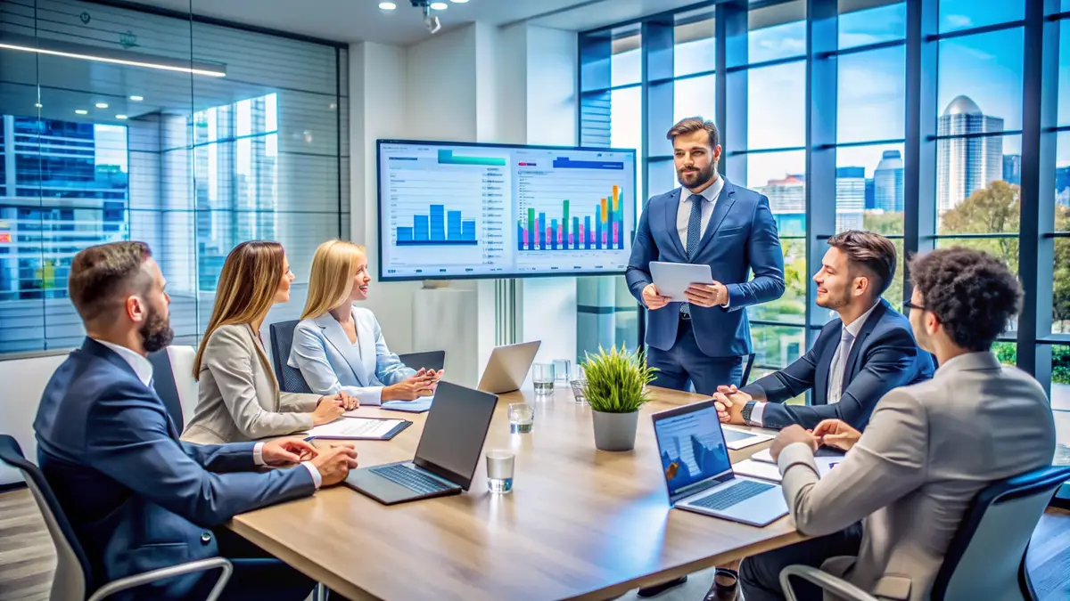 Business people in a meeting room discussing charts