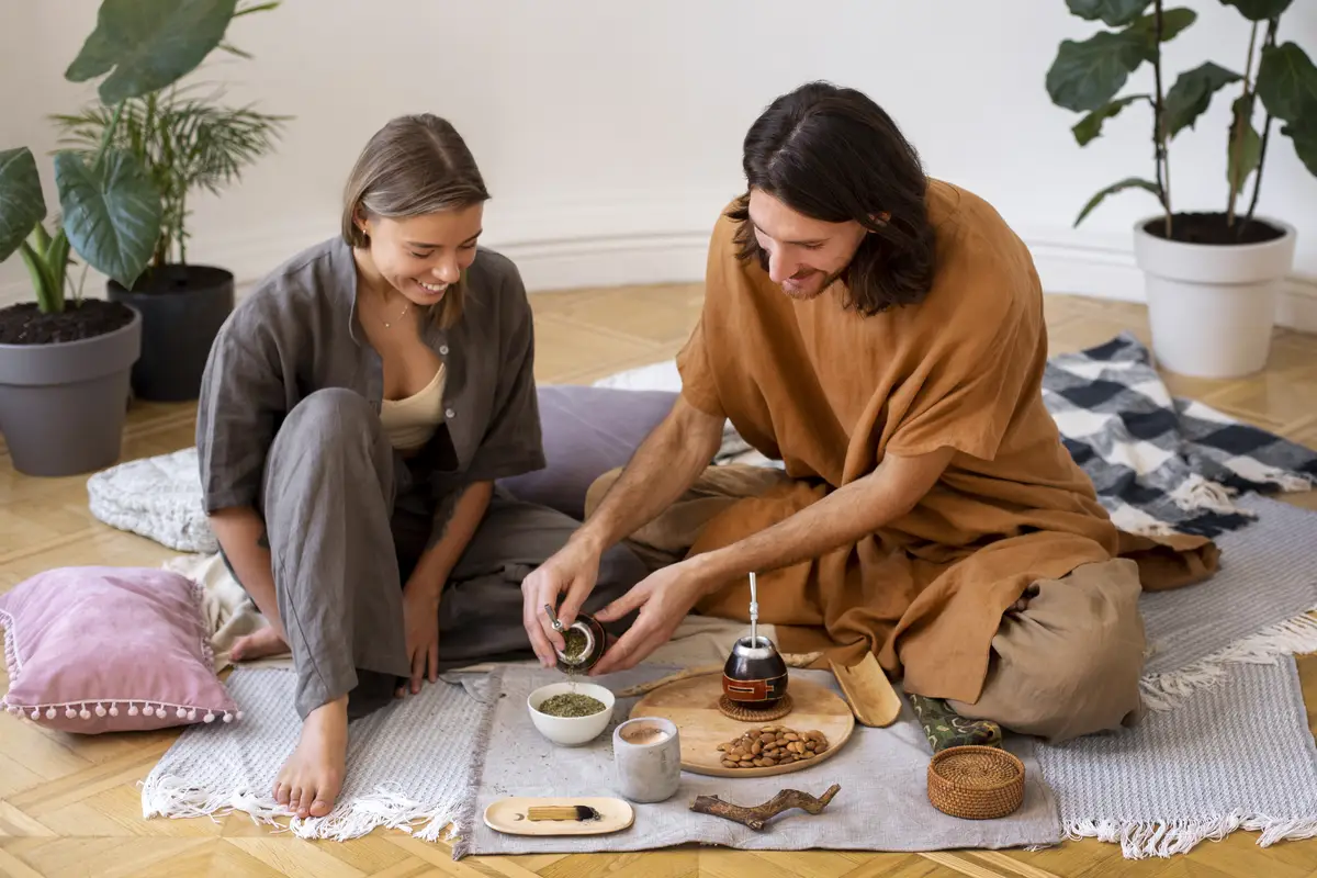 Friends preparing mate at home  full shot
