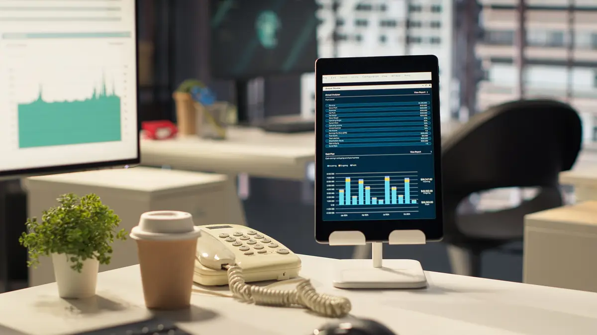 Empty high end office workspace with advanced technology to enhance efficiency