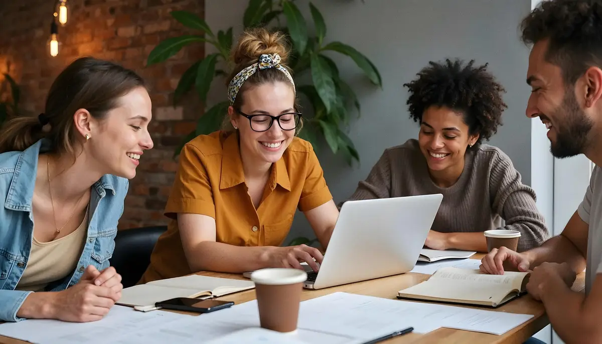 Group collaboration around a laptop in a creative workspace
