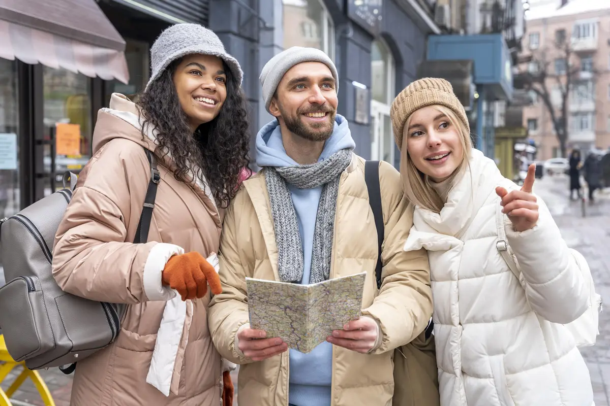 Medium shot friends with map