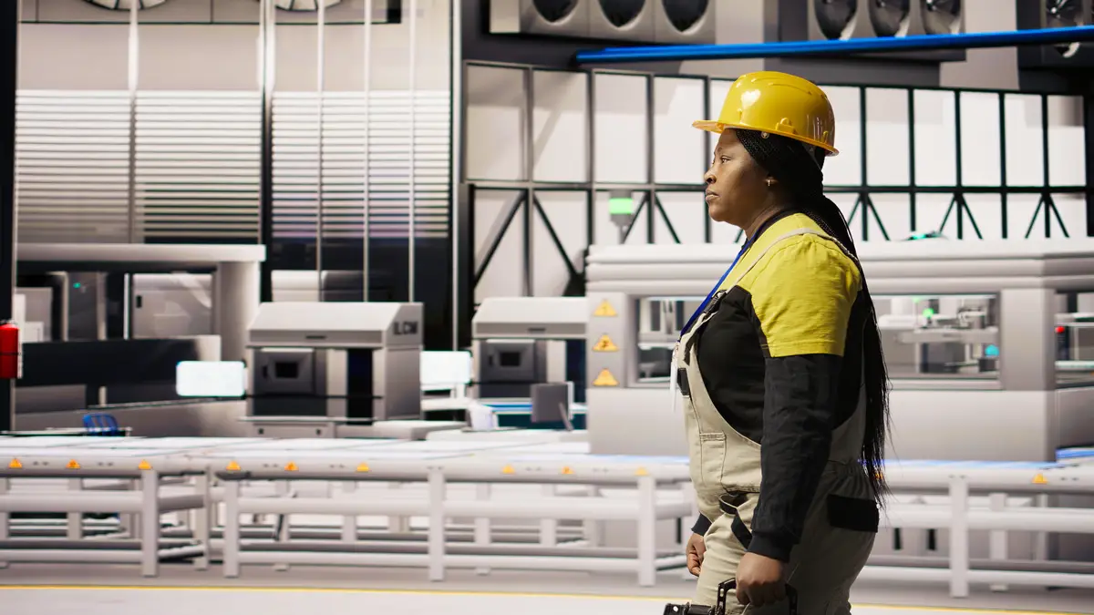 Mechanic holding toolbox walking in smart factory preparing to do maintenance