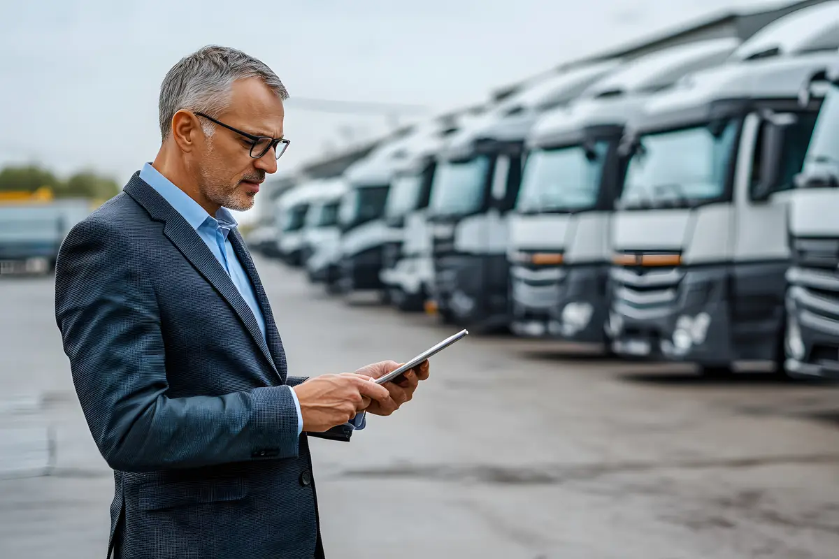 Man in Suit Using Tablet in Front of SemiTrucks