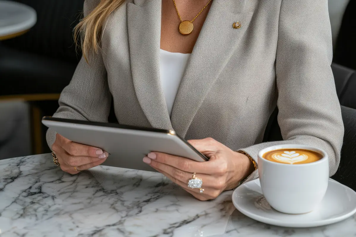 A professional woman using a tablet while enjoying a coffee break in a modern cafe setting
