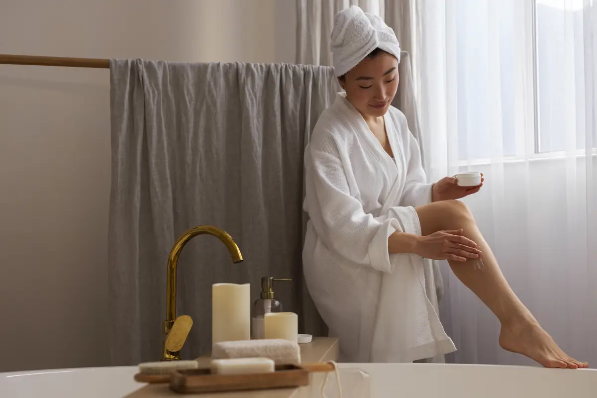 Full shot woman using cream