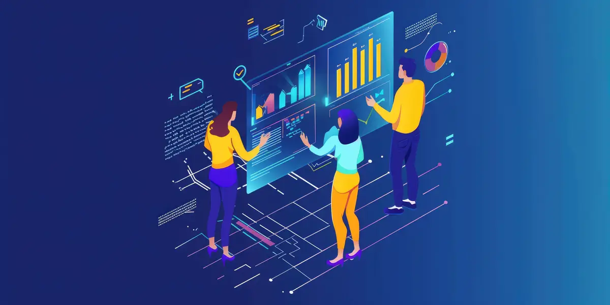 A Team is Collaborating on Data Analysis Using a Digital Display in an Advanced Office Setting AIG62