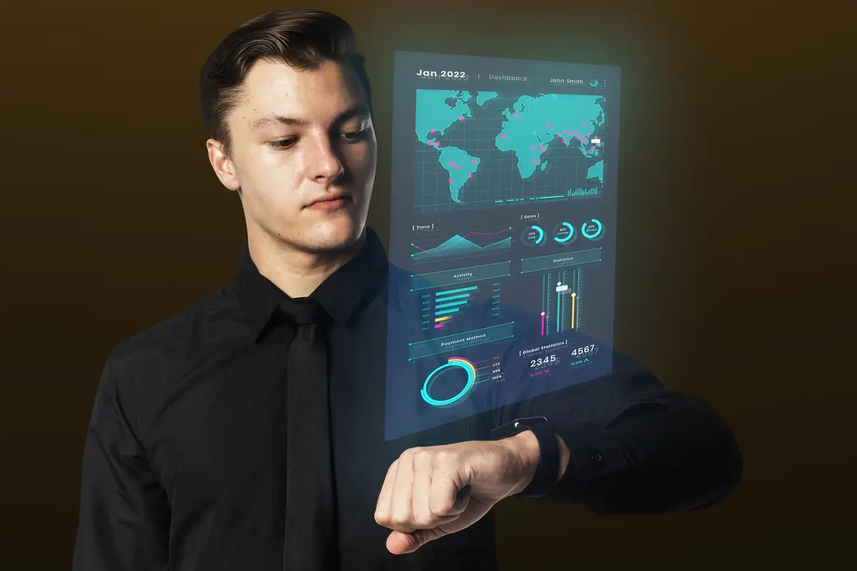 Businessman using smartwatch hologram presentation wearable gadget