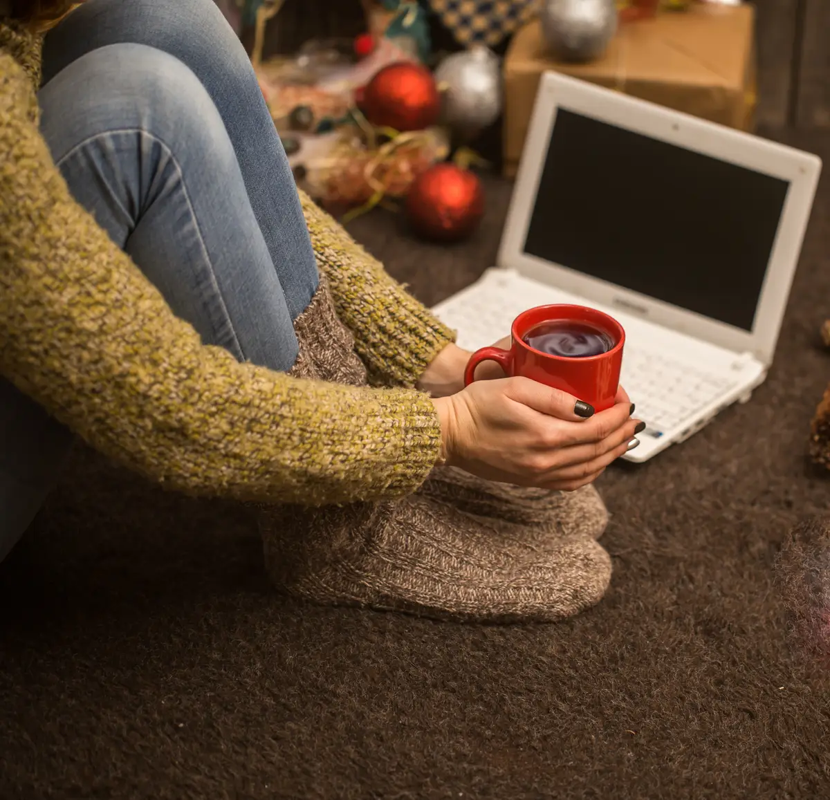 girl with computer  Christmas decor