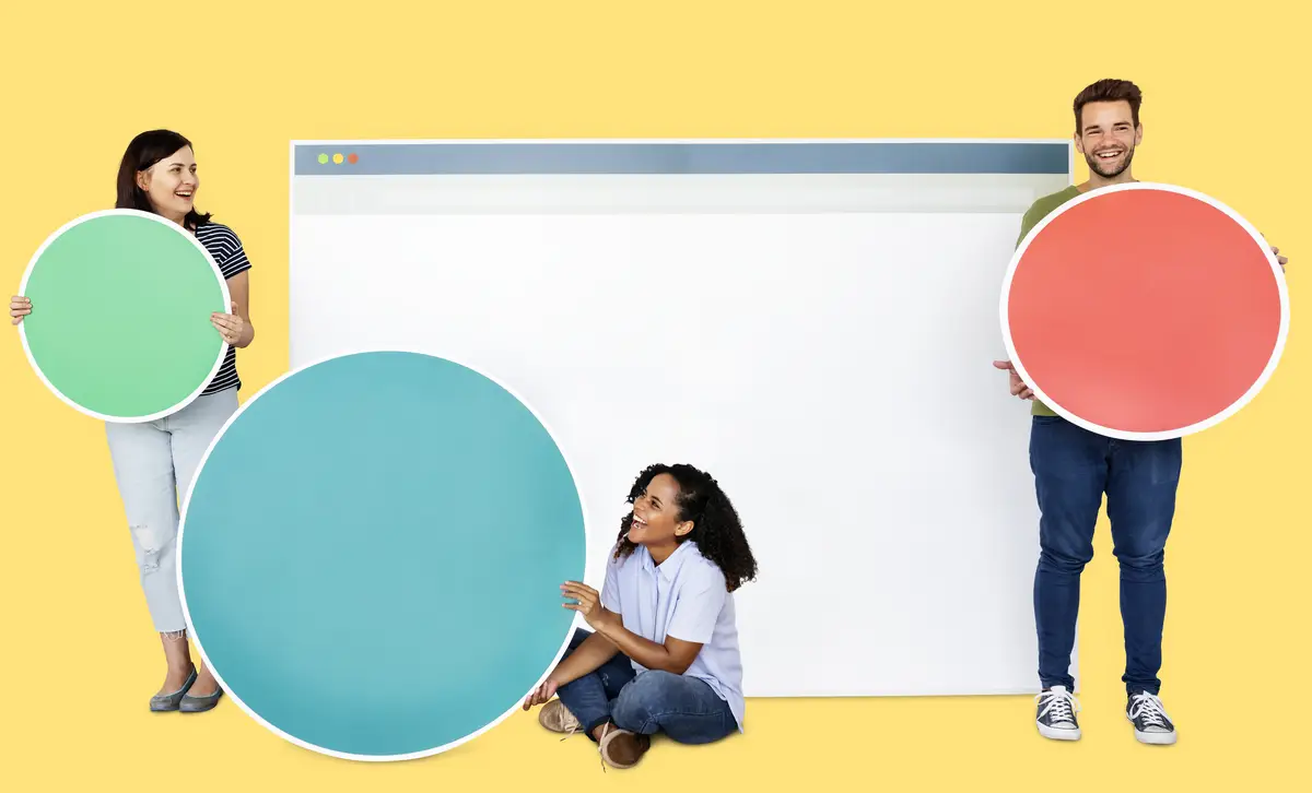 People holding icons related to the theme of internet and connection