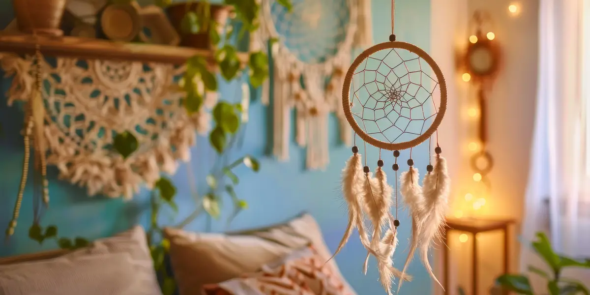 Bohochic dreamcatcher wall hanging on a wall backdrop