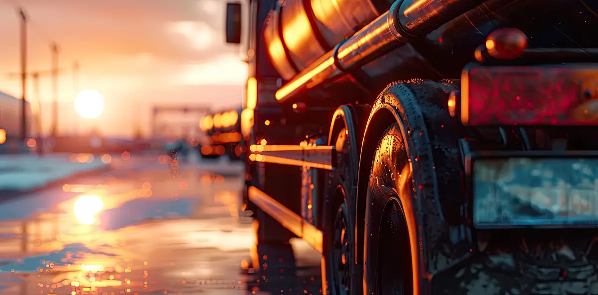 Close up of a black fuel oil truck with a blurred background An oil tank vehicle at sunset with rose gold colors