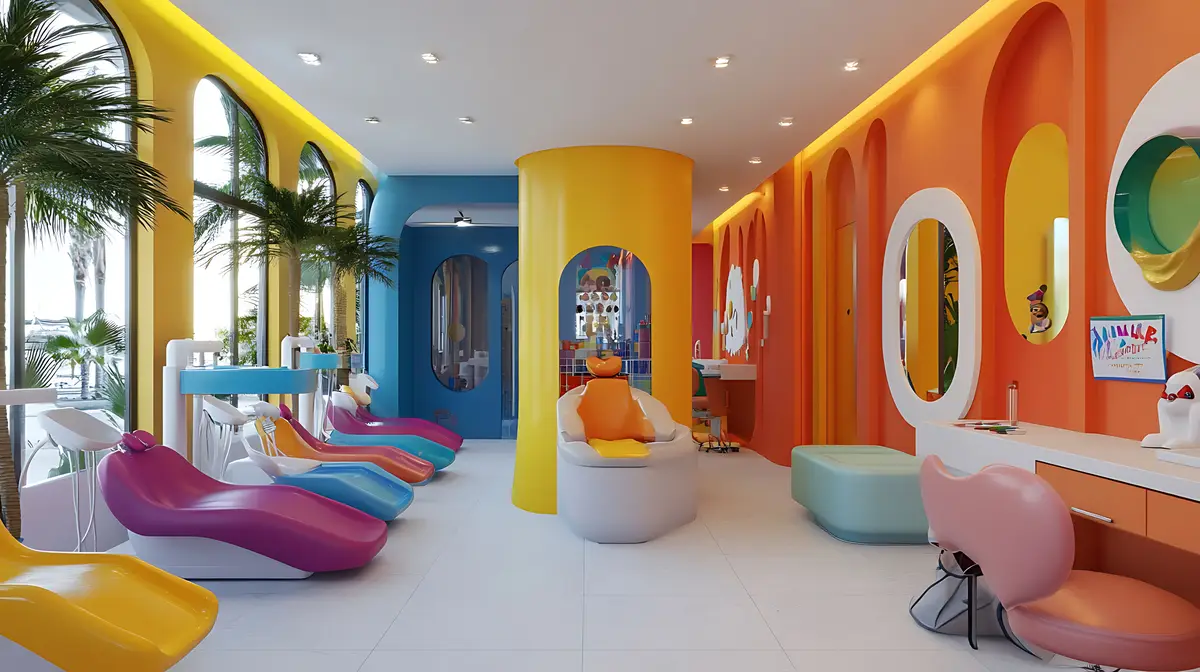 a colorful room with a colorful play area and a colorful chair with a round sign that says  no