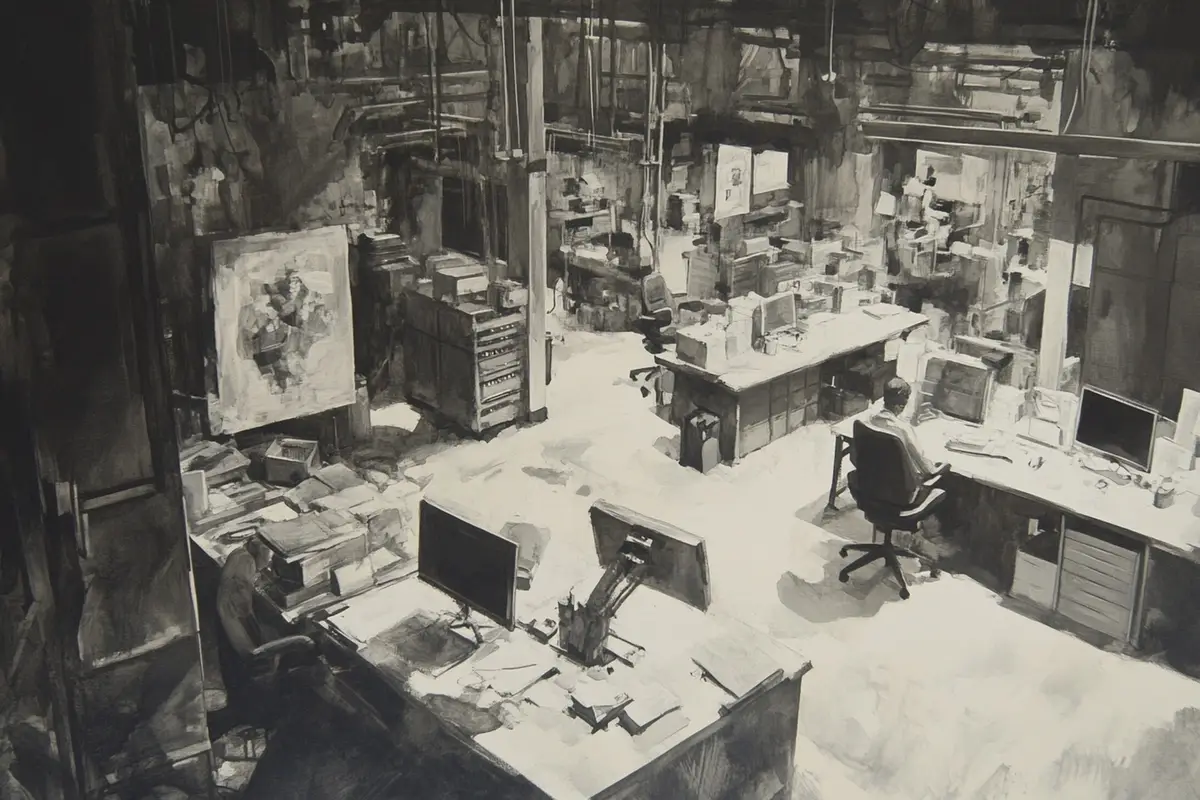 A Oil painting image of Work environments Birds ey generative ai